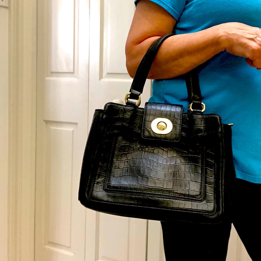 Cole Haan Black Leather! Faux Croc handbag Vintage Classic Black Handbag leather - Picture 2 of 15